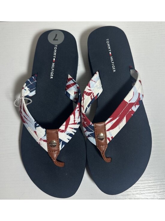 New Tommy Hilfiger Flip Flops Women’s 7 Navy Blue With Floral Print Wedge Heel - Picture 4 of 9